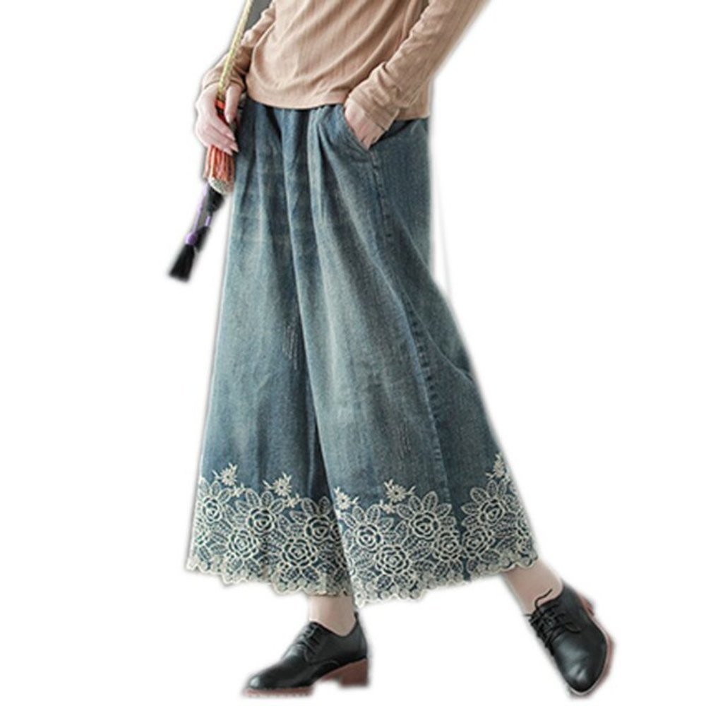 ONE SIZE Jeans Denim Pants Trousers Bottoms Lace Embroidery Flare Bell Wide Leg - Picture 7 of 9